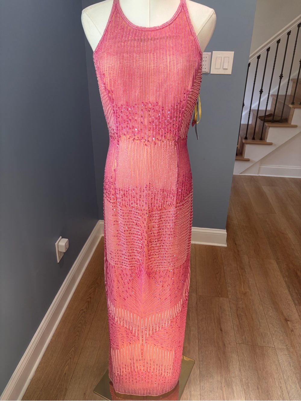 Adrianna Papell Pink Beaded Sequin Silk Maxi Gown Open Back Size 6